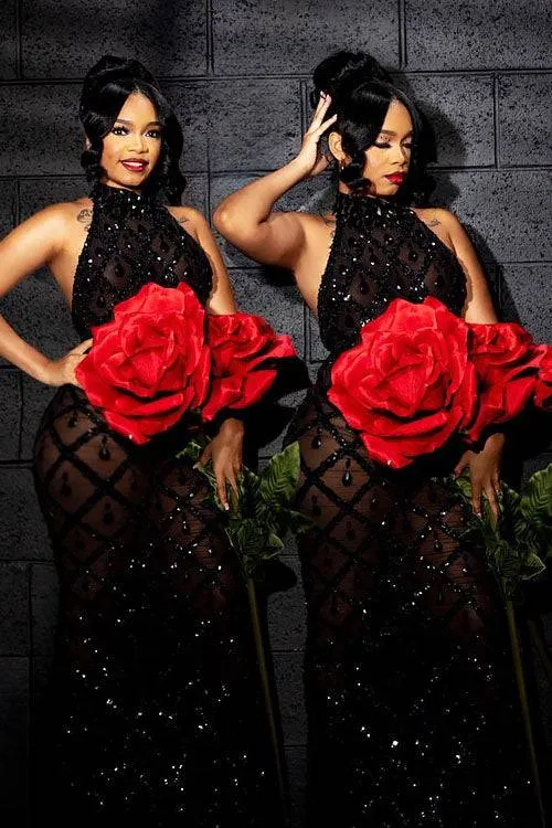 Amekana black rhinestone dress