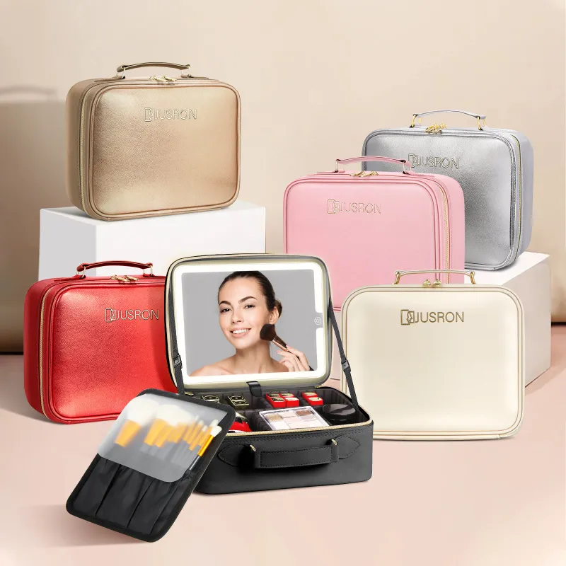JUSRON makeup bag with mirror for travel and storage