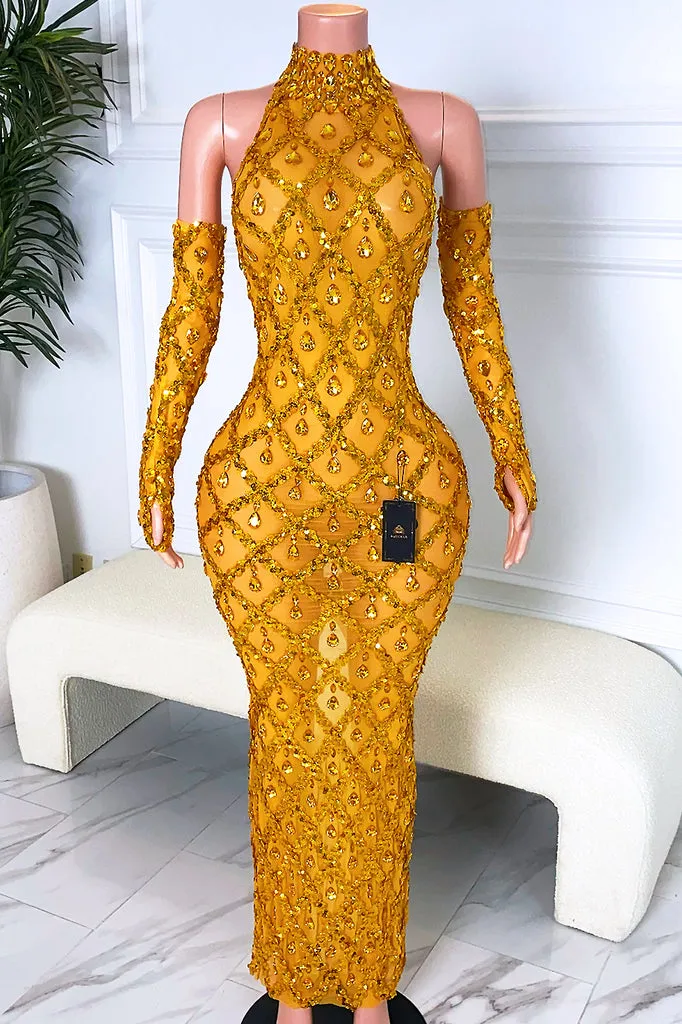 Amekana gold rhinestone dress