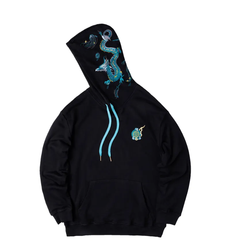 Niepce Inc double flying dragons embroidery hoodie
