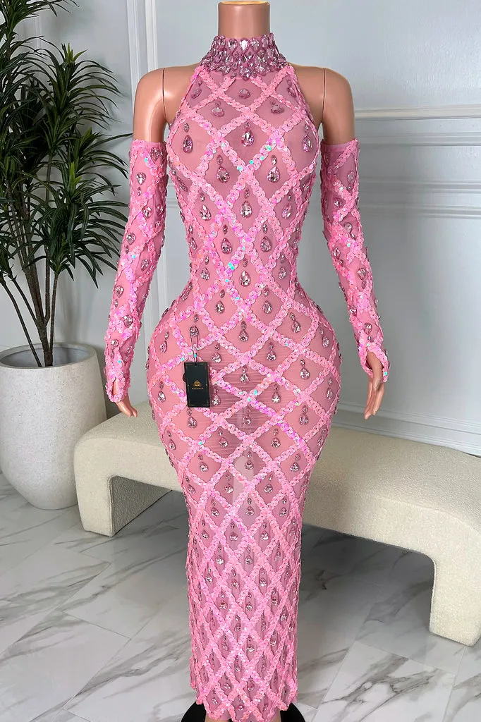 Amekana pink rhinestone dress