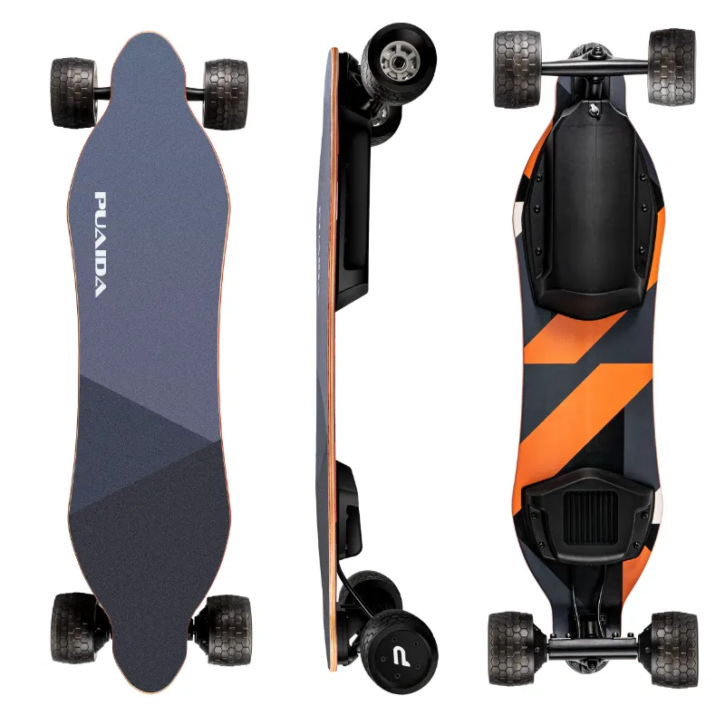 PUAIDA electric skateboard with deck, wheels, battery, and motor components