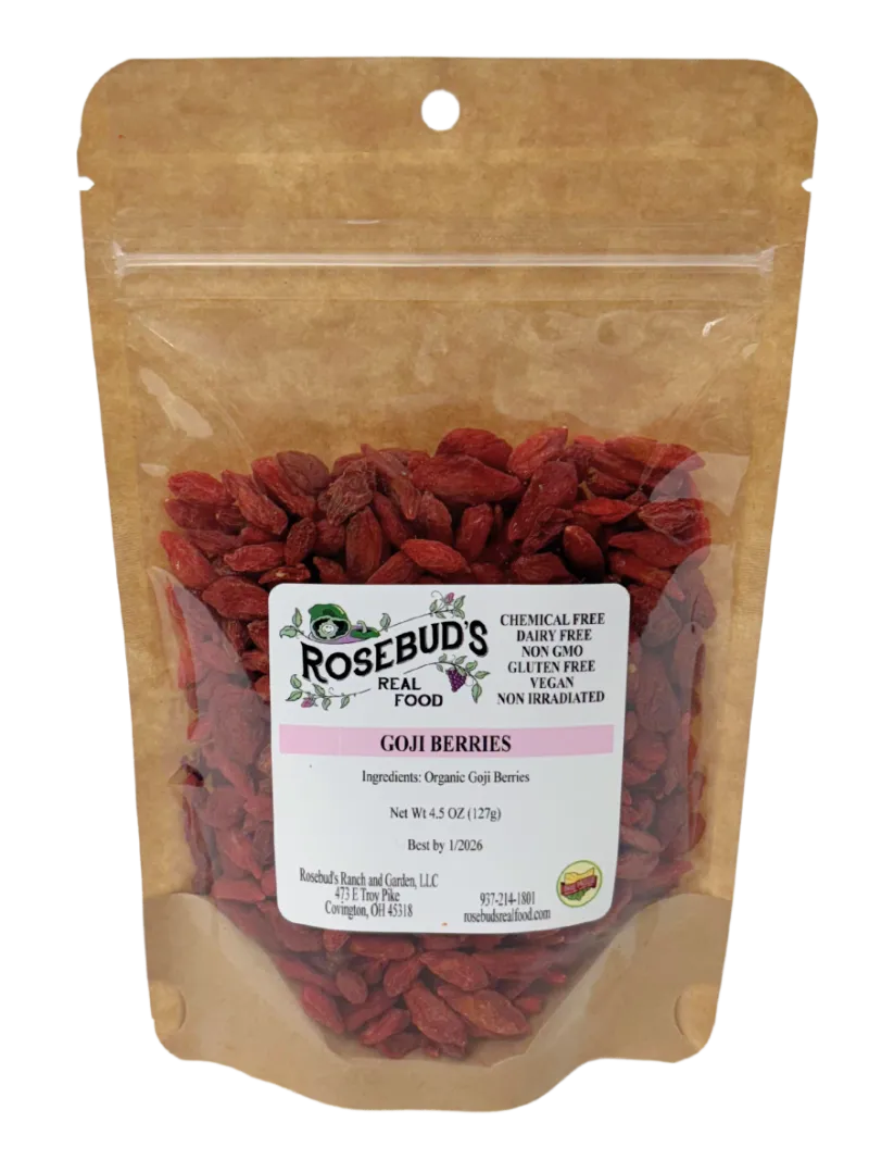 Rosebud's Real Food goji berries in a pouch or bag