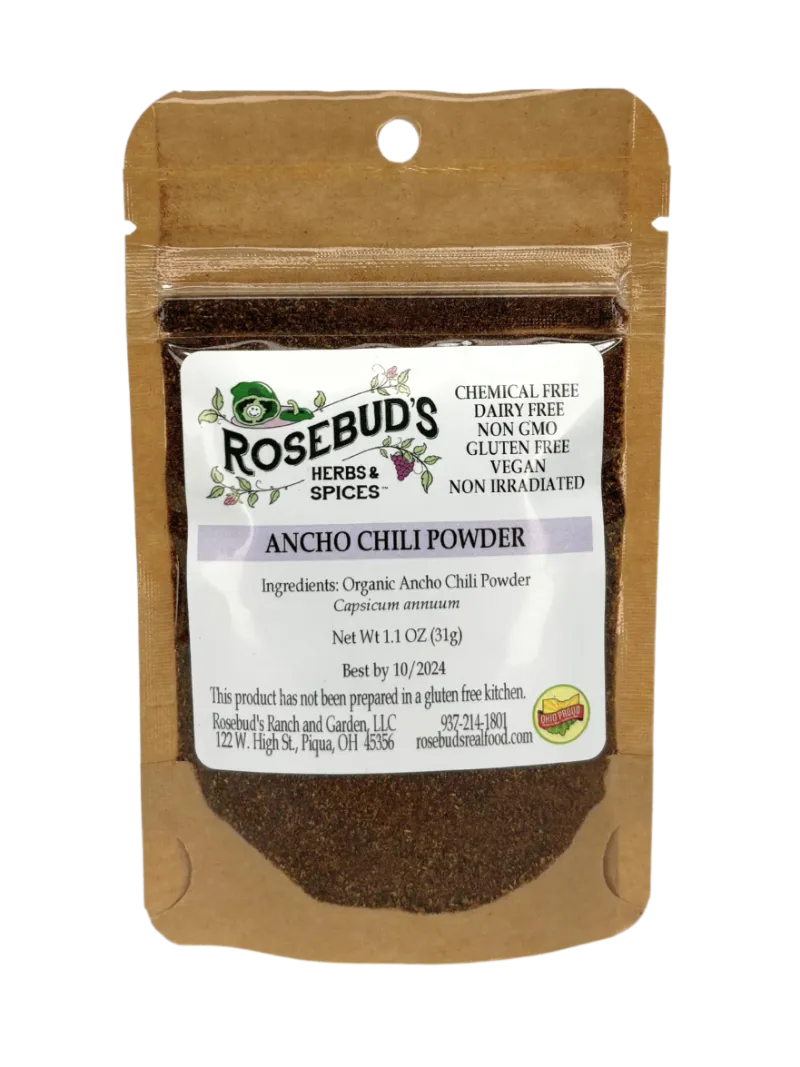 Rosebud's Real Food ancho chili powder in a bag or container