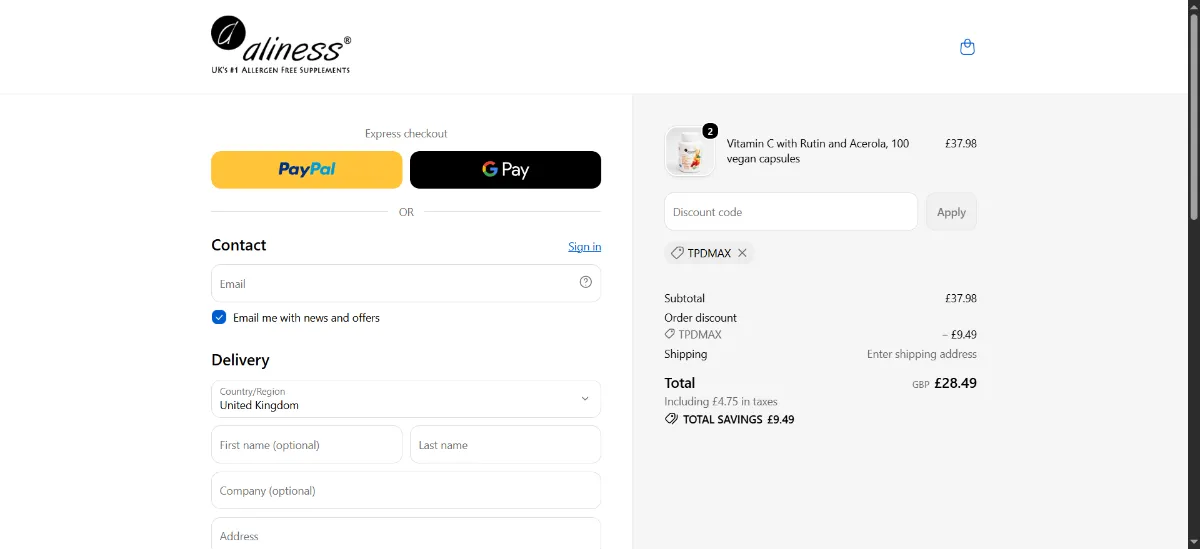 The Aliness checkout, with the discount code box
