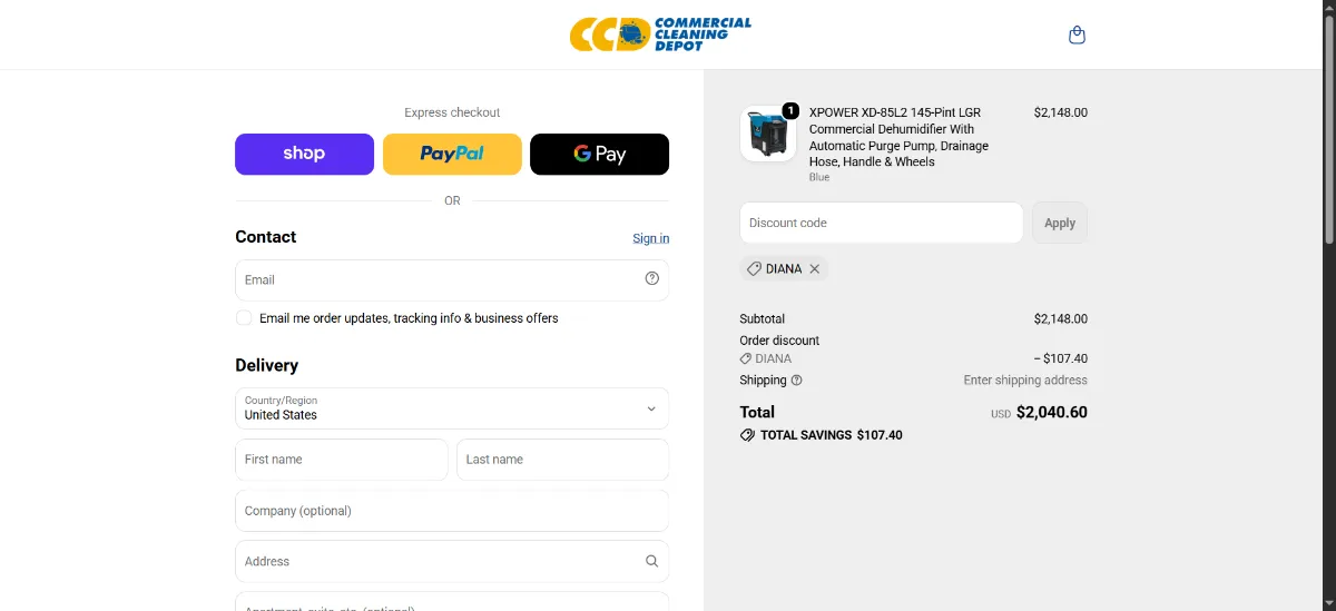 The Commercial Cleaning Depot checkout, with the discount code box
