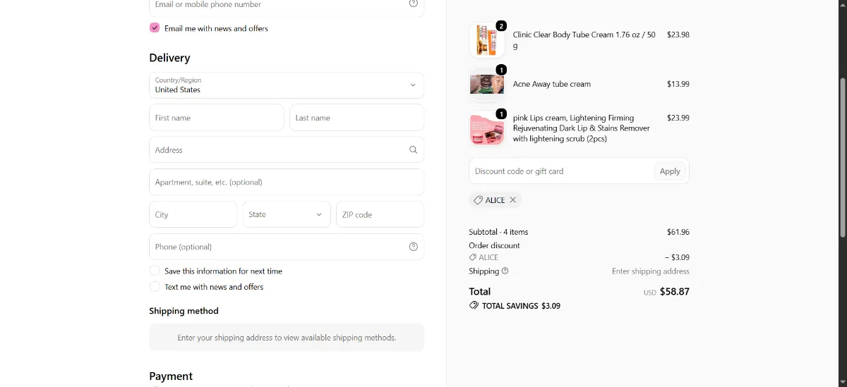 The Kismet Beauty Brands checkout, with the discount code box