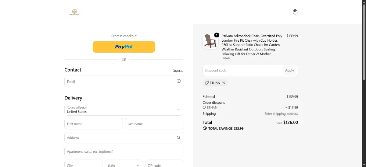 The Psilvam checkout, with the discount code box