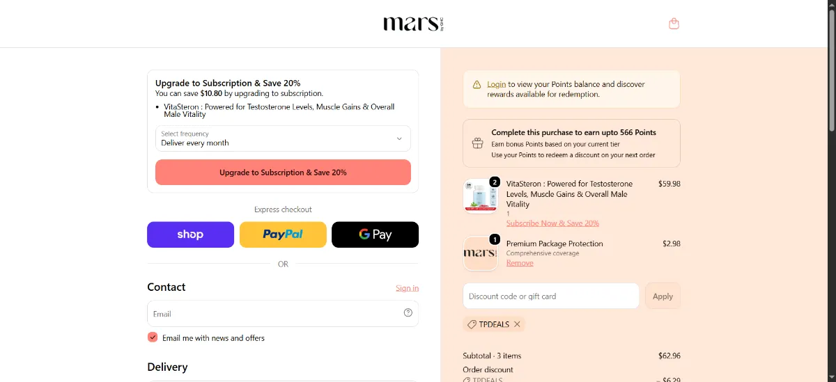 The Mars By GHC checkout, with the discount code box