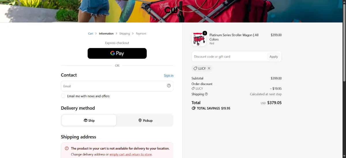 The Creative Wagons checkout, with the discount code box