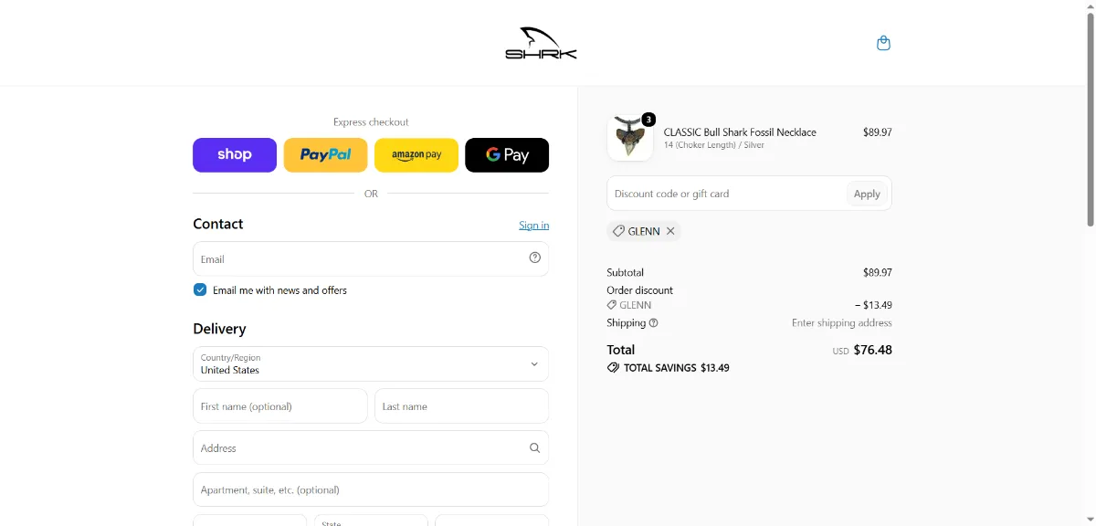 The SHRKco checkout, with the discount code box