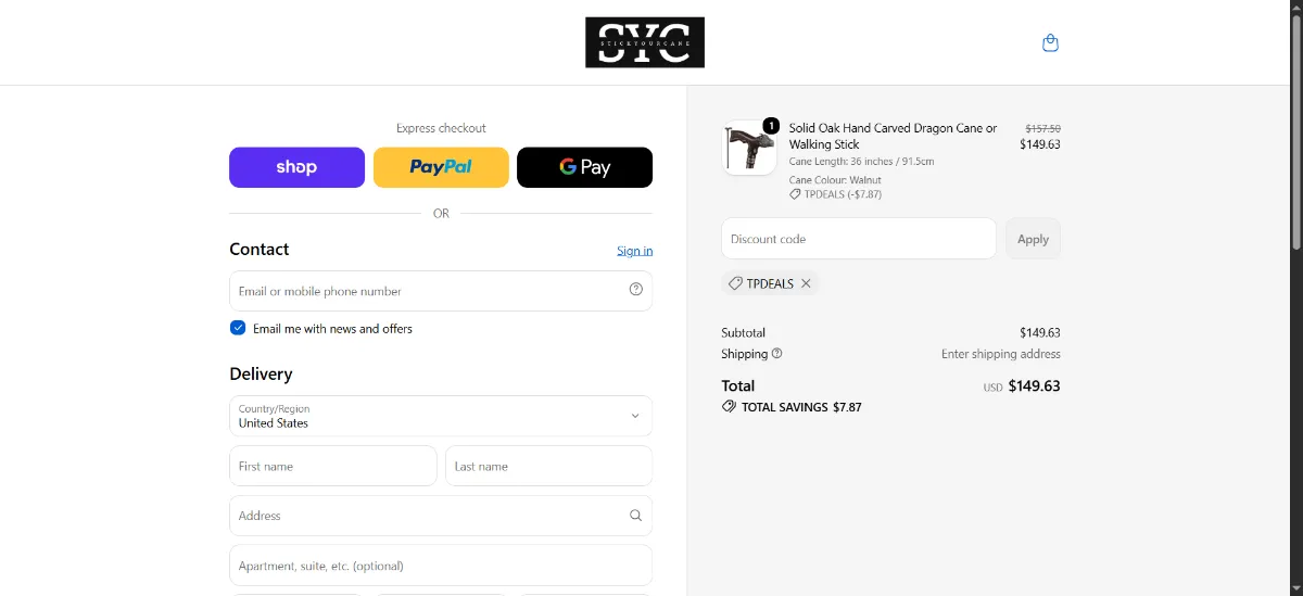The Stick Your Cane checkout, with the discount code box