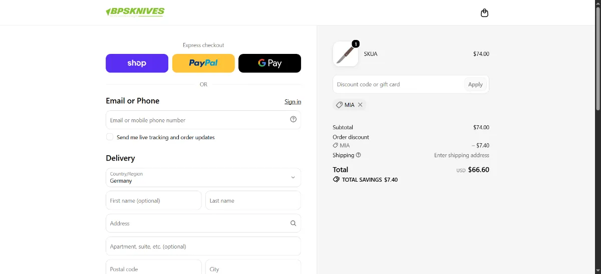 The BPS Knives checkout, with the coupon code box