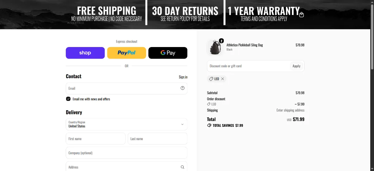 The Athletico checkout, with the coupon code box