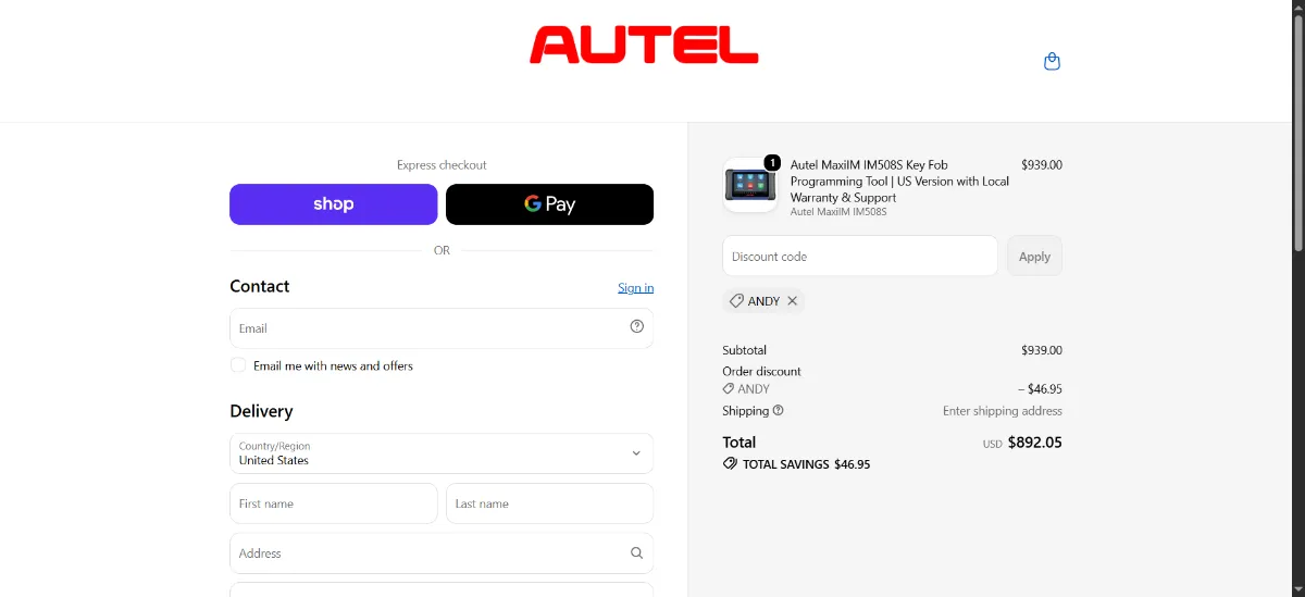 The Autel US checkout, with the discount code box