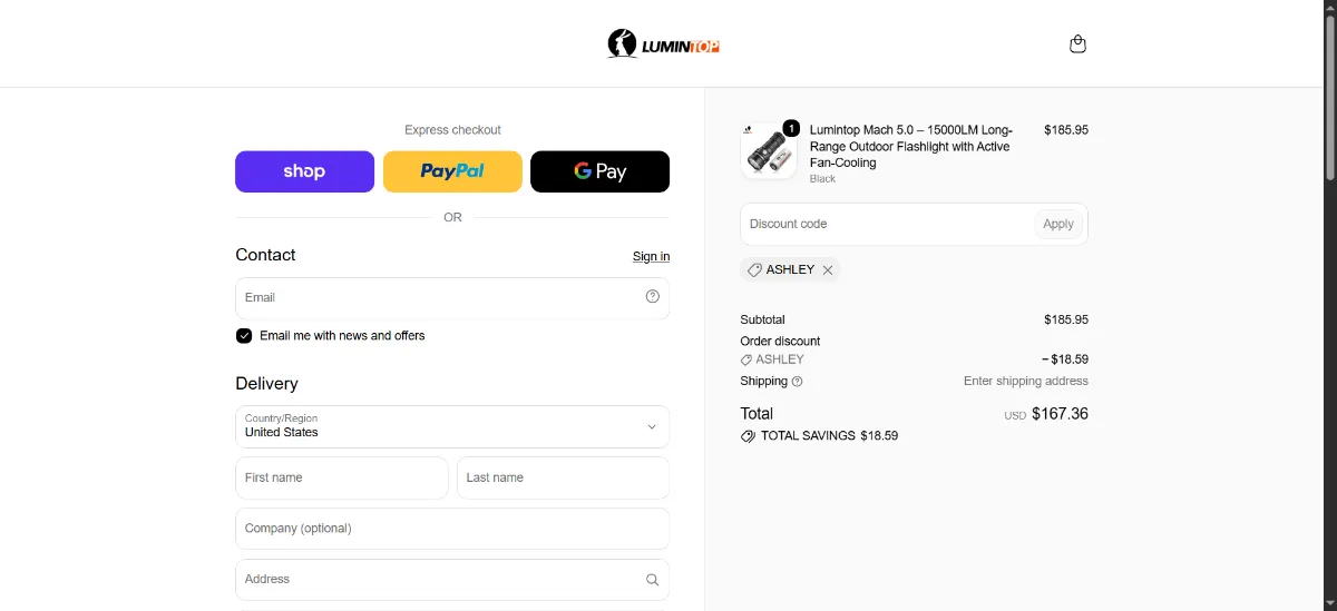 The Lumintop checkout, with the discount code box