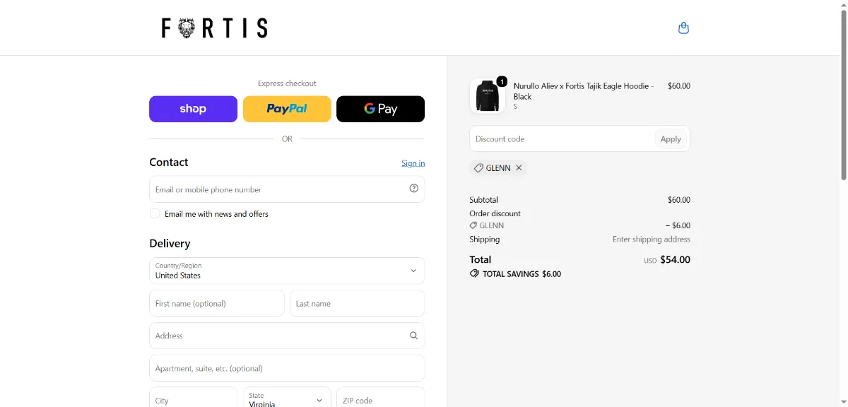 The Fortis checkout, with the discount code box