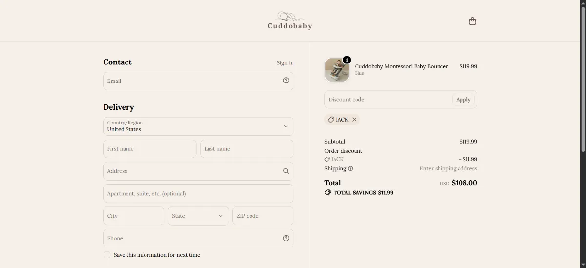The Cuddobaby checkout, with the discount code box