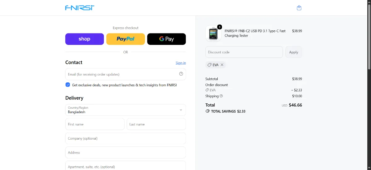 The FNIRSI checkout, with the discount code box