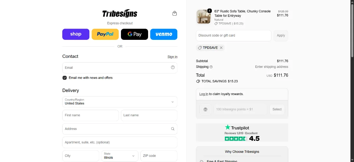 The Tribesigns checkout, with the coupon code box