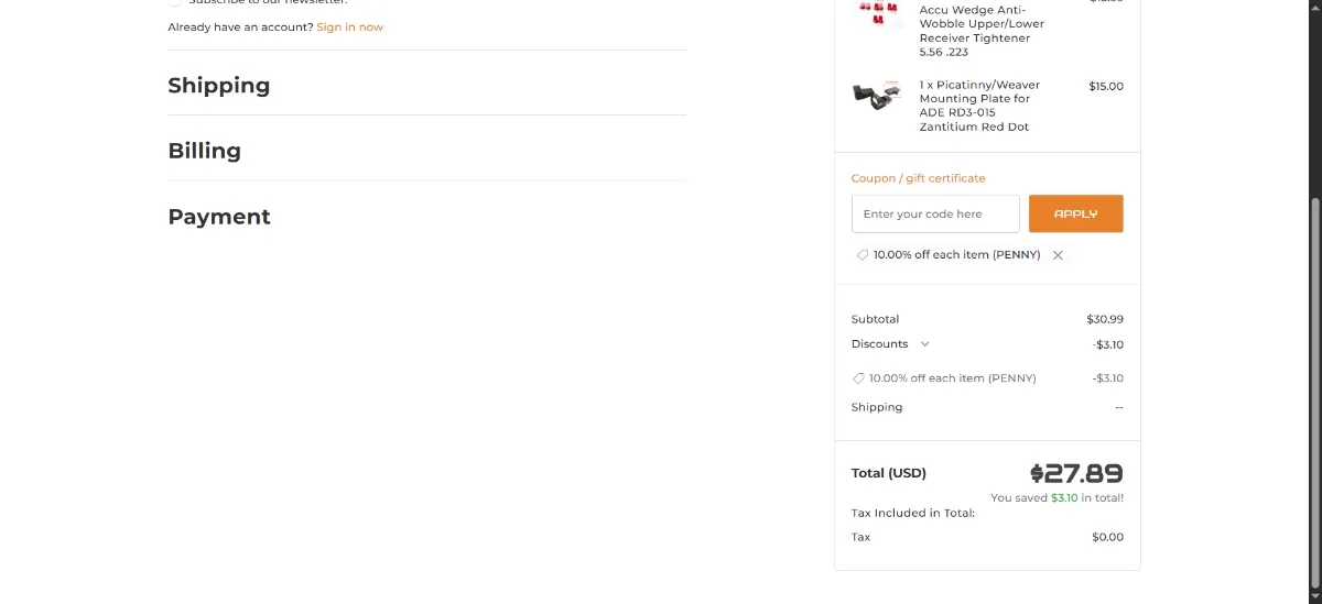 The Optics Factory checkout, with the coupon code box