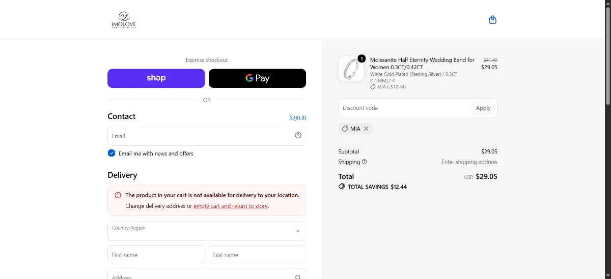 The Imolove checkout, with the coupon code box