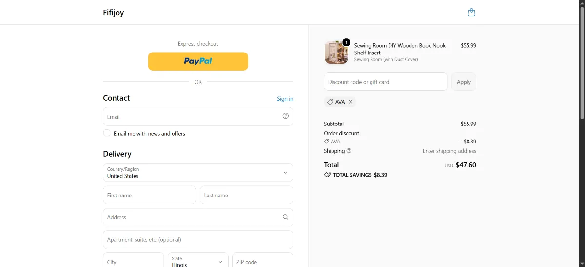 The Fifijoy checkout, with the discount code box
