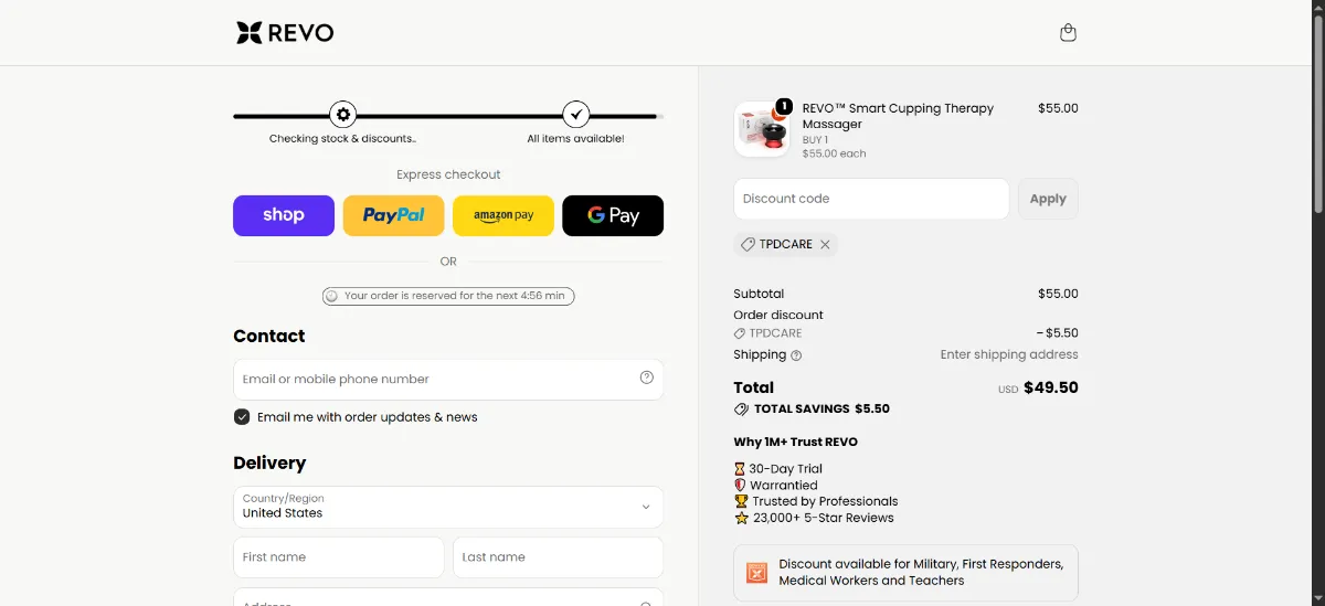 The Revomadic checkout, with the discount code box