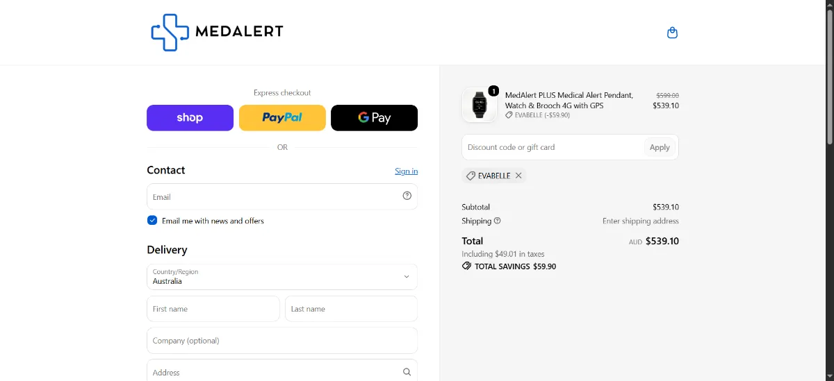 The MedAlert checkout, with the discount code box