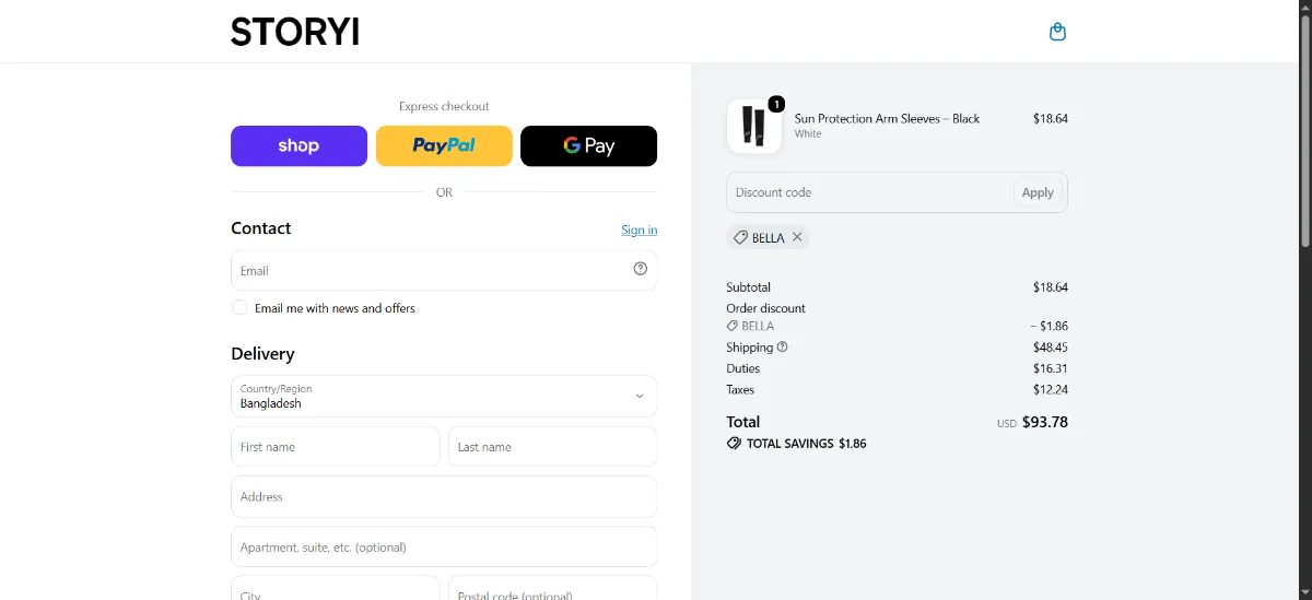 The STORYi checkout, with the discount code box