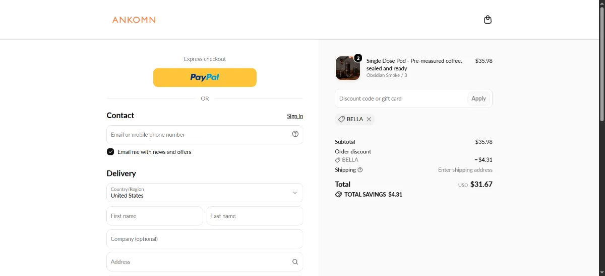 The ANKOMN checkout, with the discount code box