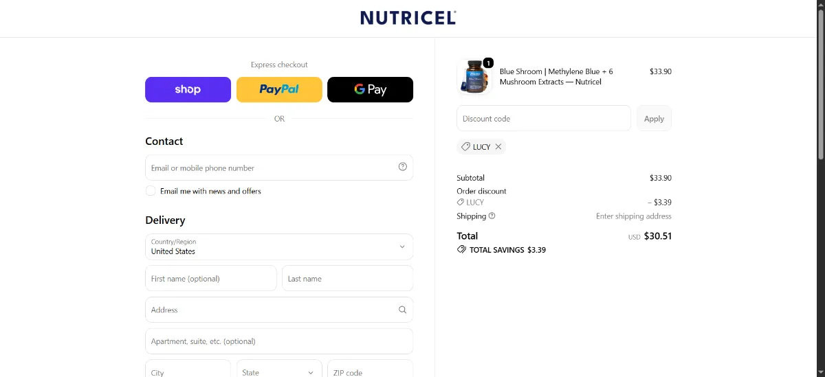 The Nutricel Supplements checkout, with the discount code box