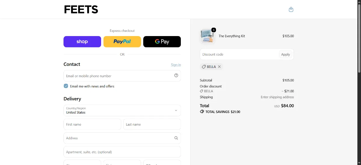 The FEETS checkout, with the discount code box