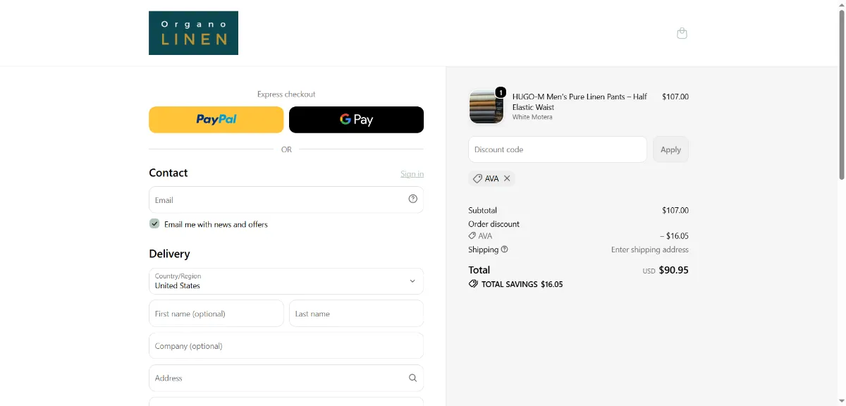 The OrganoLinen checkout, with the discount code box