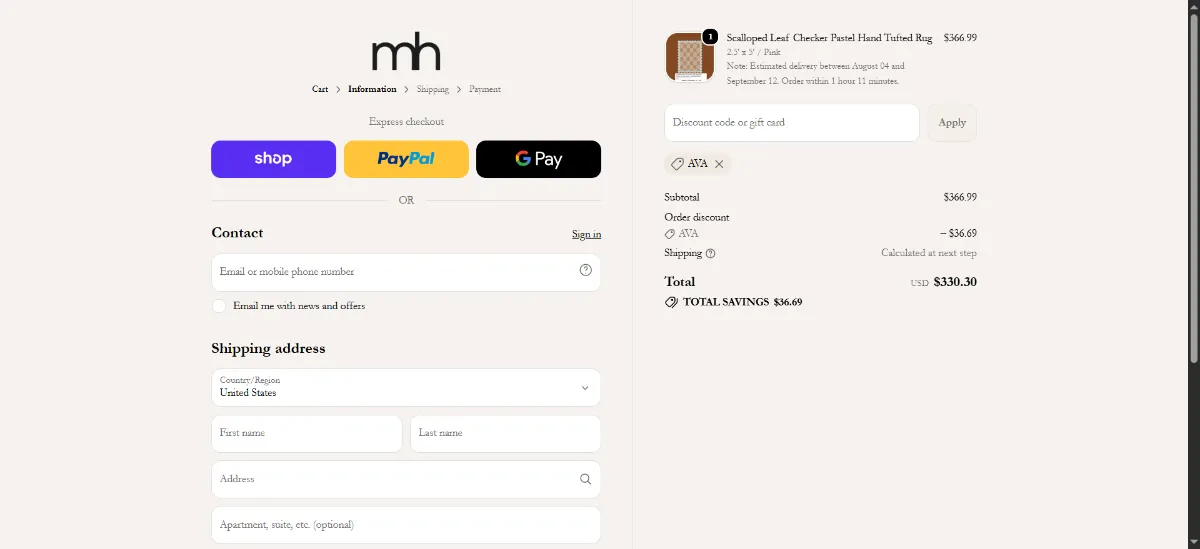 The Maia Homes checkout, with the discount code box