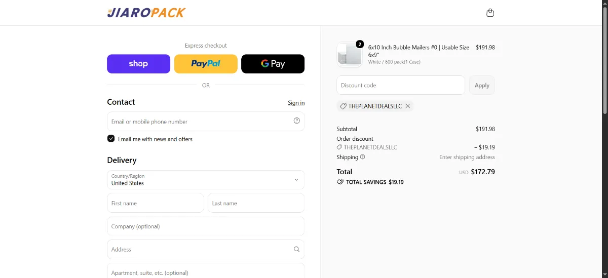 The JiaroPack checkout, with the discount code box