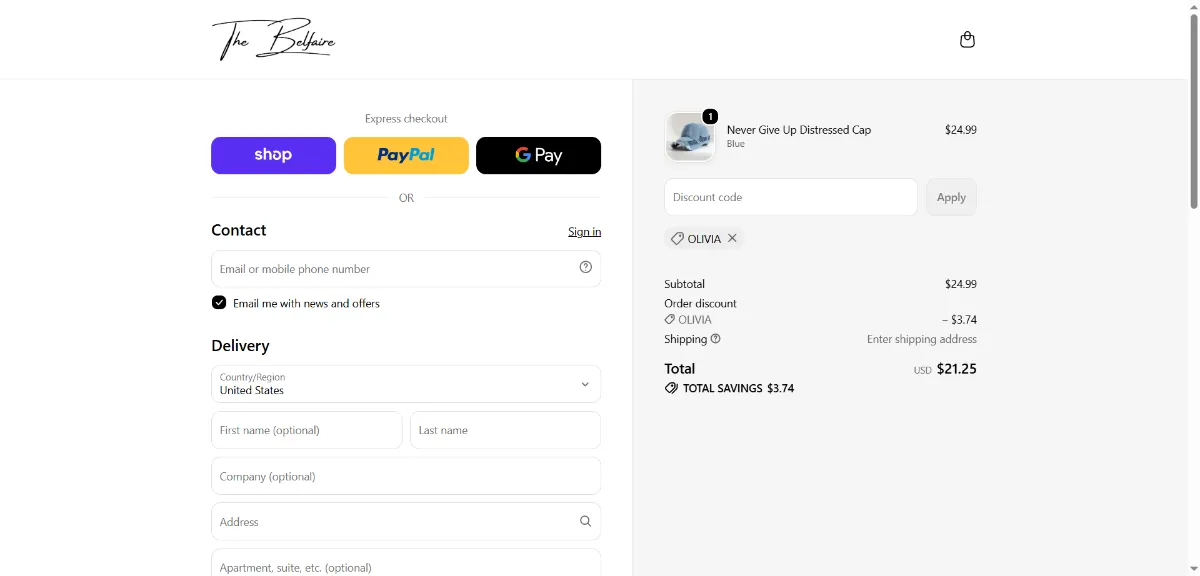 The The Belfaire checkout, with the discount code box