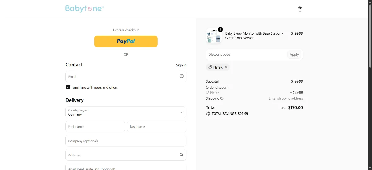 The Babytone checkout, with the discount code box