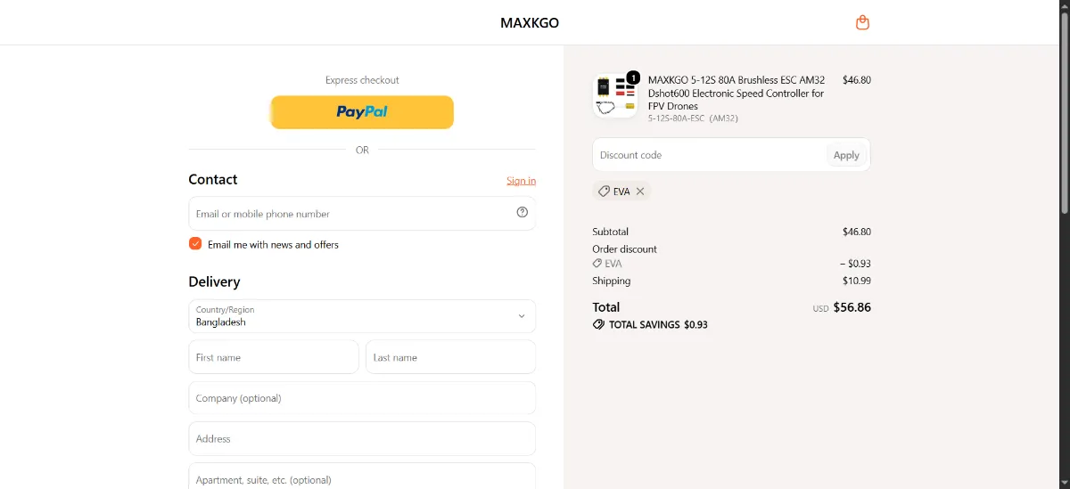 The MAXKGO checkout, with the discount code box