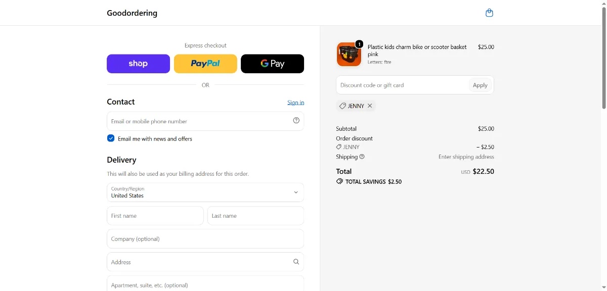 The Goodordering checkout, with the discount code box