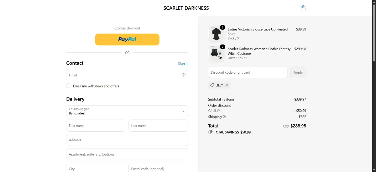 The Scarlet Darkness checkout, with the discount code box