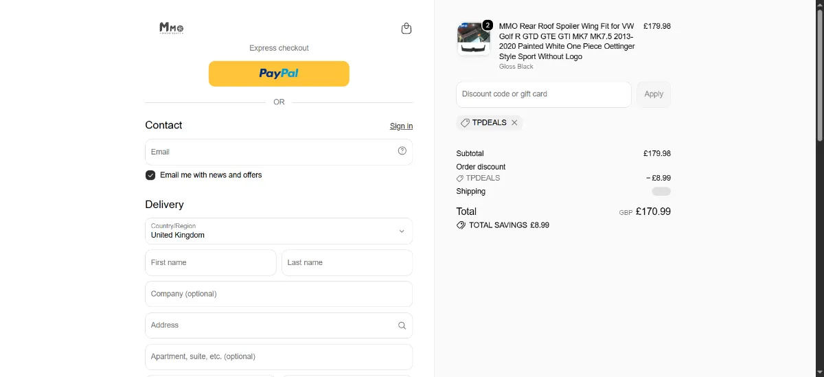 The Mmomotorsport checkout, with the discount code box