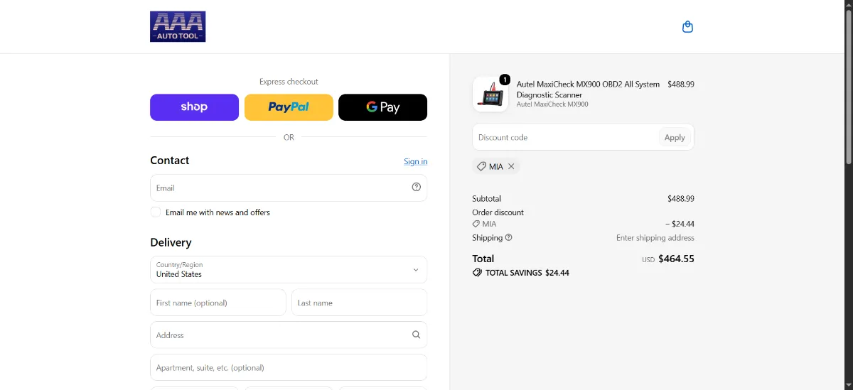 The AAA AUTO TOOL checkout, with the discount code box
