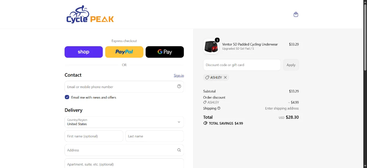 The Cycle Peak checkout, with the discount code box