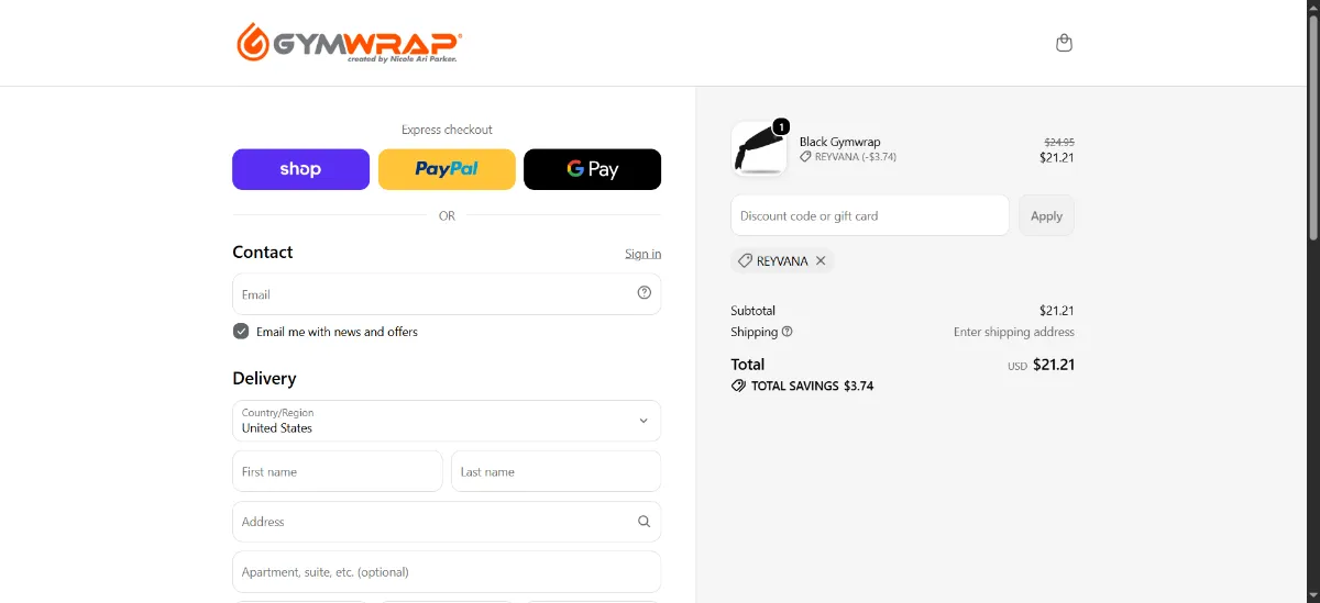 The Gymwrap checkout, with the discount code box