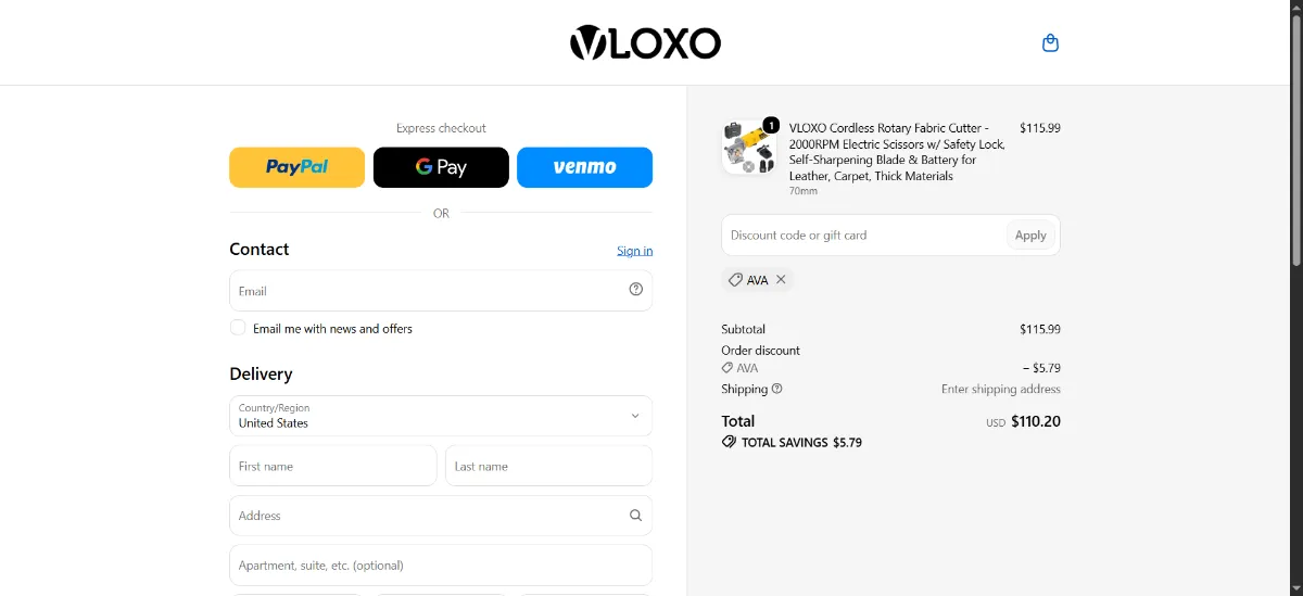The VLOXO checkout, with the discount code box