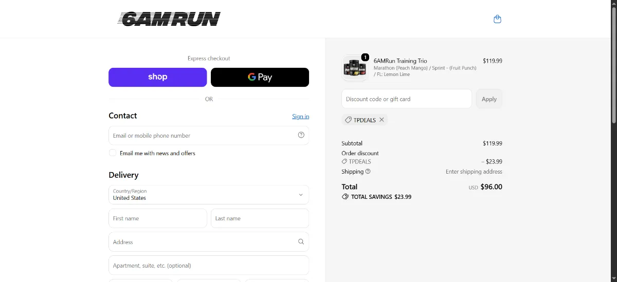The 6AM RUN checkout, with the discount code box