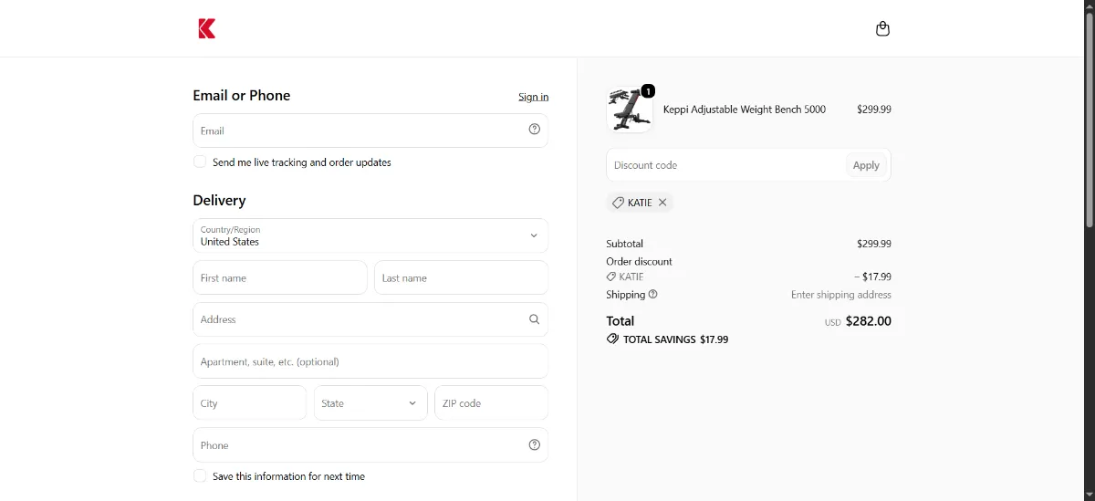 The Keppi Fitness checkout, with the discount code box