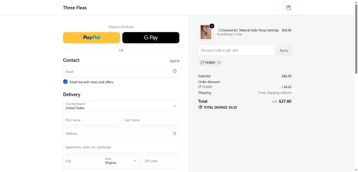The Three Fleas checkout, with the discount code box