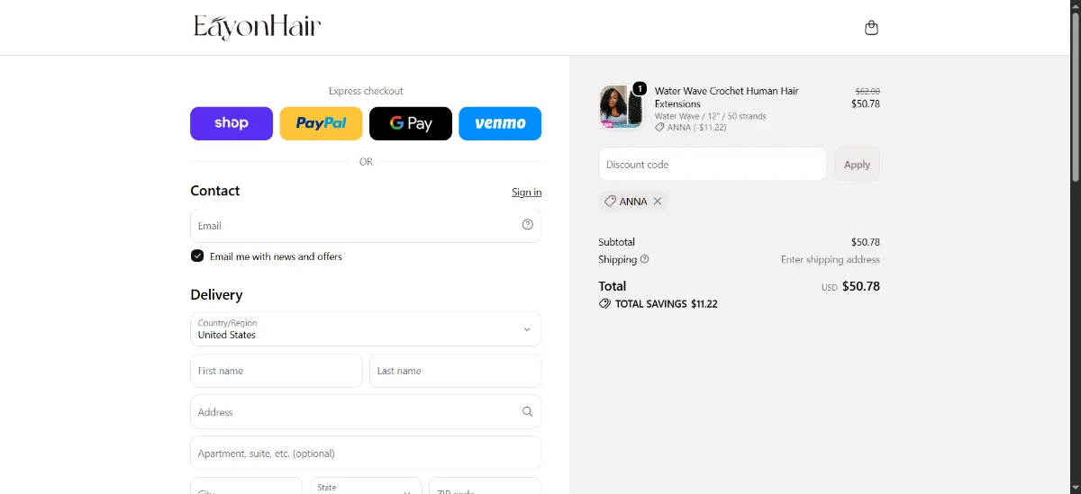 The Eayon hair checkout, with the discount code box